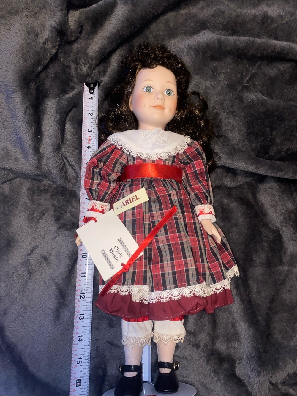 Vintage Ariel Porcelain Doll in Red Plaid Dress